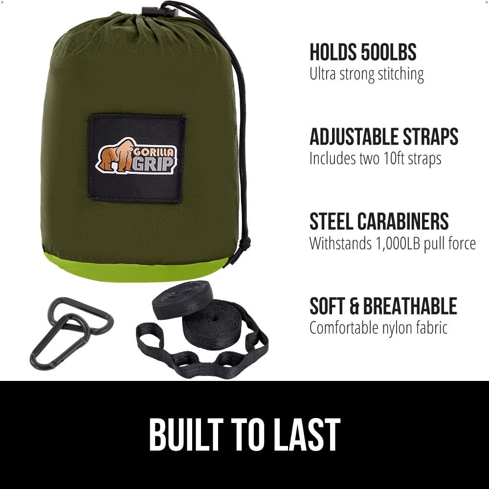 GORILLA GRIP Durable Portable Camping Hammock, Holds 500lbs with Heavy Duty Tree Straps, Comfortable Travel Swing, Camp Hammocks, Easy to Use and Install, Outdoor Essentials, Green, 10x6.5 FT