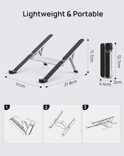 【Innovative & Ultra Compact】SODI Foldable Laptop Stand for Desk, Lightweight Portable Tablet Holder for Business Travel, Cafe, 6 Level Height Adjust Computer Holder for MacBook, Tablet 10-16", Silver