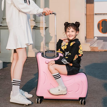 Ride on Hard Shell Kids Luggage with 4 Spinner Wheels for Girls and Boys, Rolling Childrens Travel Suitcase with Seat and Safety Belt for Toddler Ages 6-12, Checked size 25 Inch, Pink