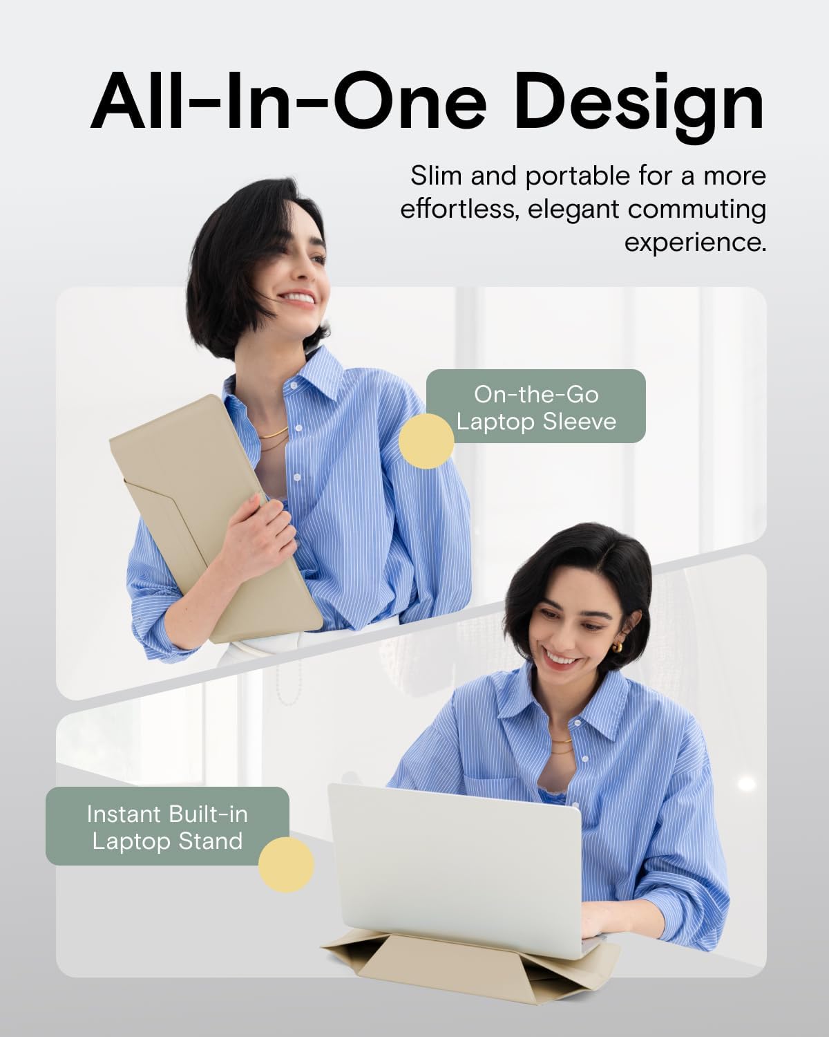 MOFT Laptop Carry Sleeve, 2-in-1 Laptop Bag & Stand for 16" MacBook Air/Pro & Dell/HP/Lenovo/Asus, Stylish Slim Computer Sleeve Bag with Expandable Storage for Computer Accessories, Beach White