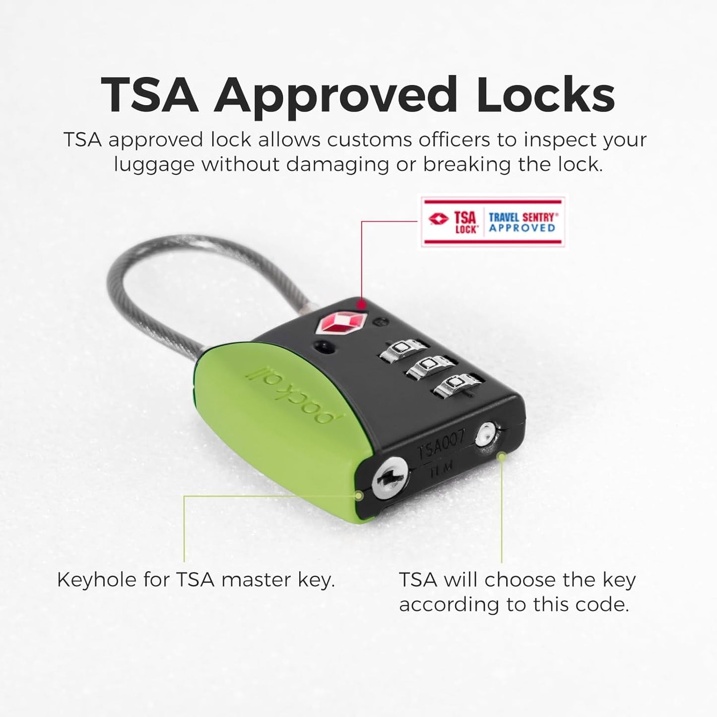 pack all TSA Approved Cable Luggage Locks, 3 Digit Combination Padlocks, Travel Lock for Suitcases & Bag, Alloy Body, Travel Accessories (4 Pack)（Apple Green）