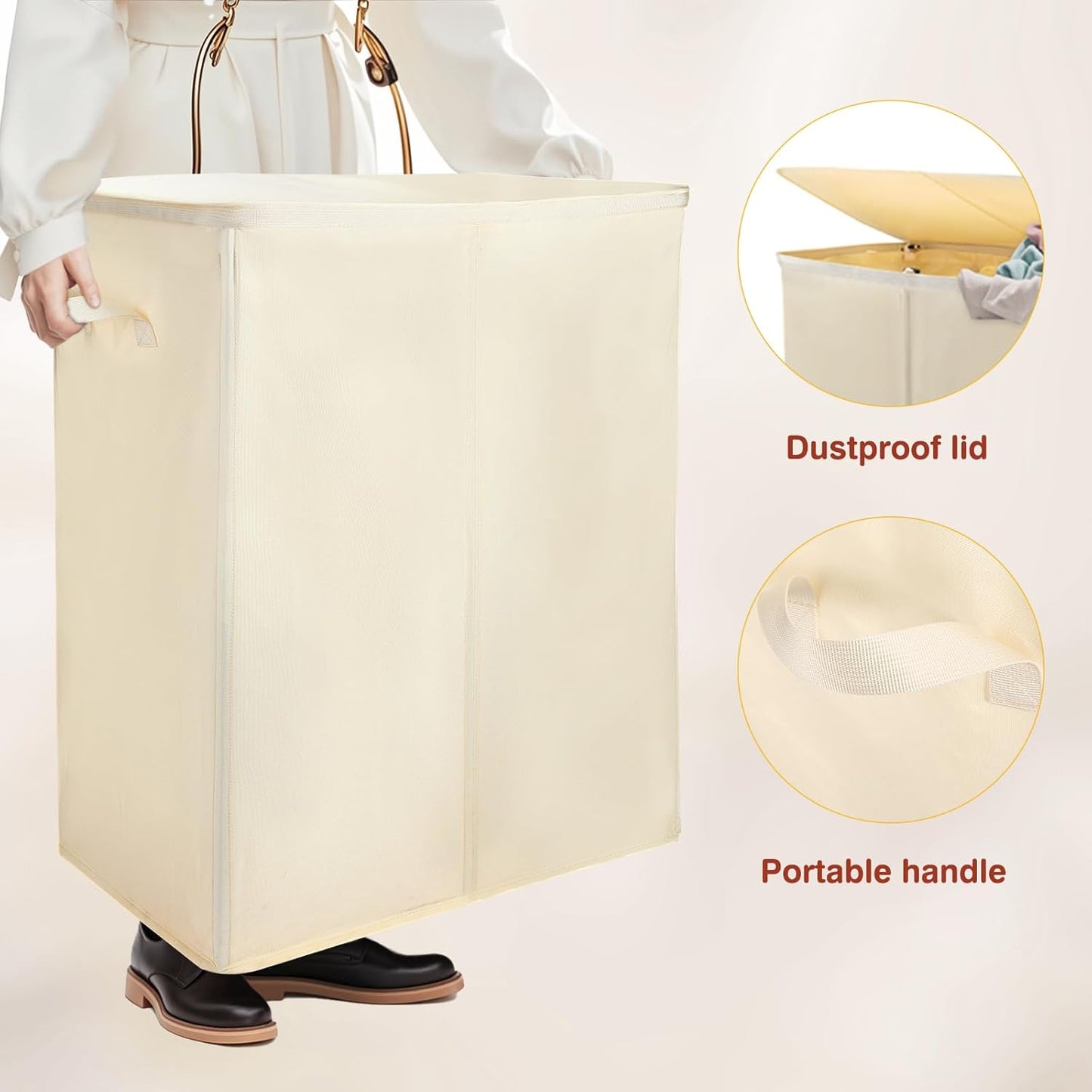Voova 154L Double Laundry Hamper with Lid and 2 Removable Laundry Bags, Large Collapsible 2 Dividers Dirty Clothes Basket with Handles for Laundry Room, Bedroom, Bathroom, College Dorm, Beige