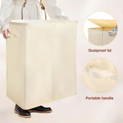 Voova 154L Double Laundry Hamper with Lid and 2 Removable Laundry Bags, Large Collapsible 2 Dividers Dirty Clothes Basket with Handles for Laundry Room, Bedroom, Bathroom, College Dorm, Beige