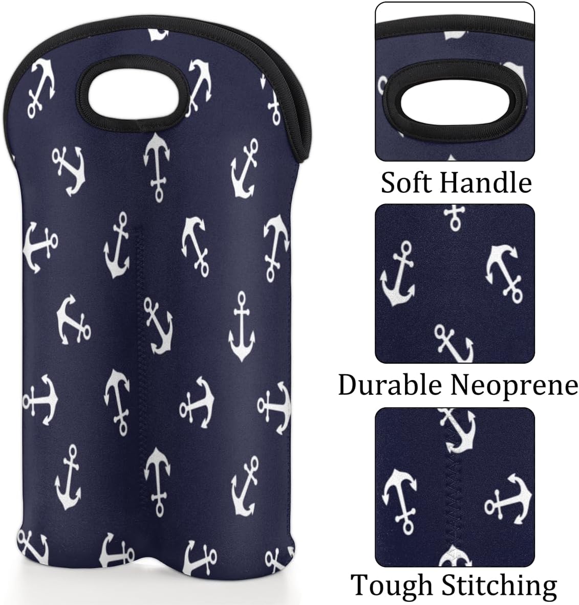 Nautical Anchors 2 Bottle Wine Carrier Tote Bag Insulated Wine Bottles Neoprene Bag with Secure Carry Handle Portable Wine Cooler Bag for Travel Picnic Beach