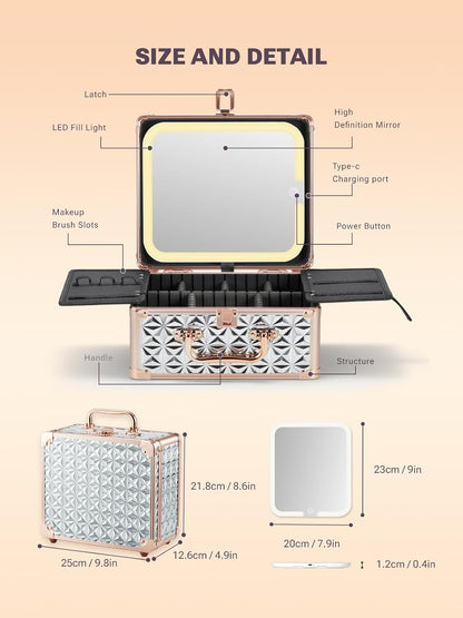 Qislee Makeup Box with A Detachable Lighted Mirror, Waterproof Travel Train Case, Cosmetic Organizer and Makeup Suitcase with Adjustable Dividers, Magnetic LED Mirror(Sparkling Silver)