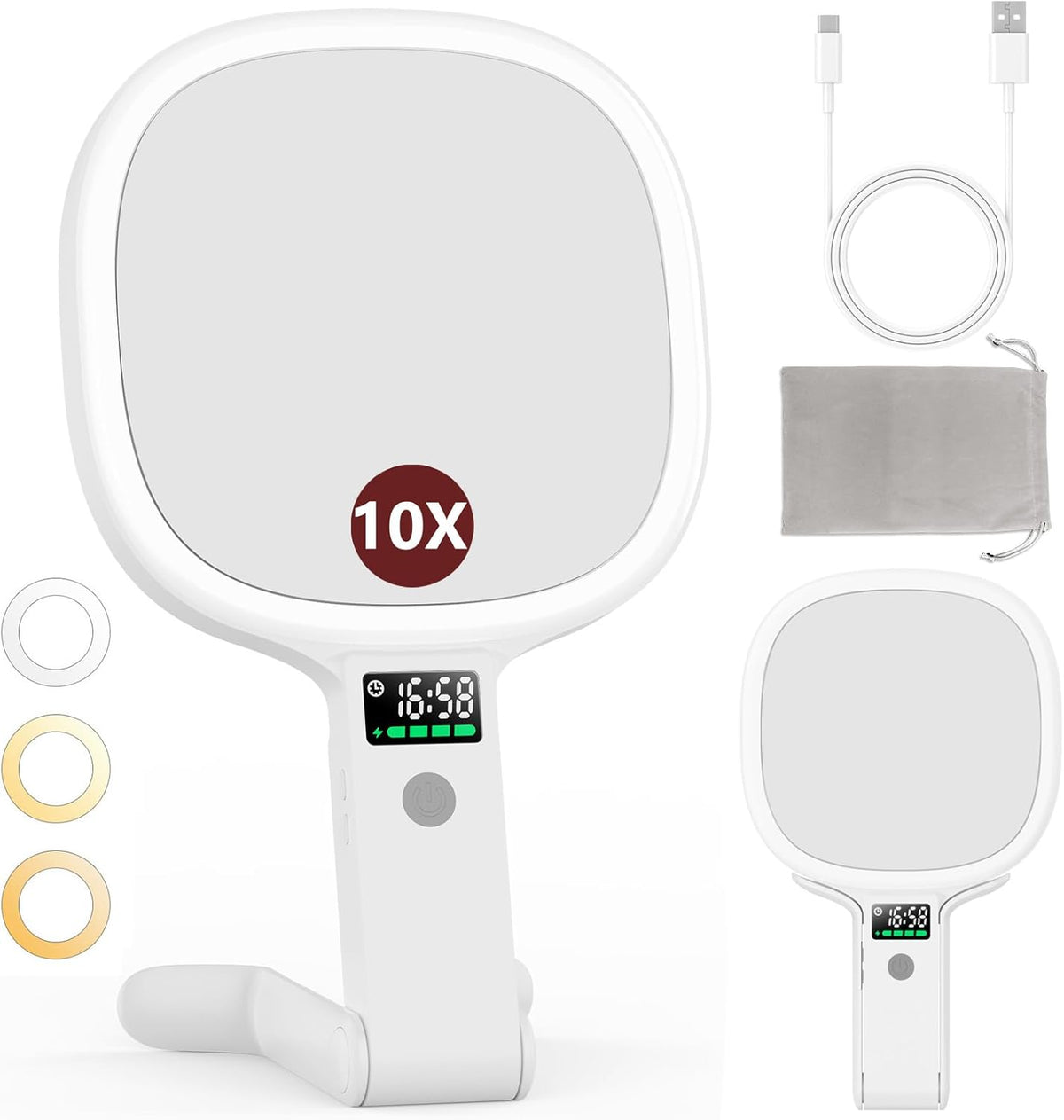 Alovely Travel Makeup Mirror with Light, Double Sided 10X Magnifying Mirror with Light, Rechargeable Portable Lighted Beauty Mirror, 3 Color Lighting Dimmable Touch Screen,Tabletop Handhold Hanging