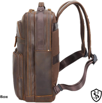 STAR VISTA Angelo 17.3" Vintage Full Grain Leather Laptop Backpack for Men, Multi Pockets, Casual Outdoor Business Travel Rucksack, YKK Zippers, Dark Brown