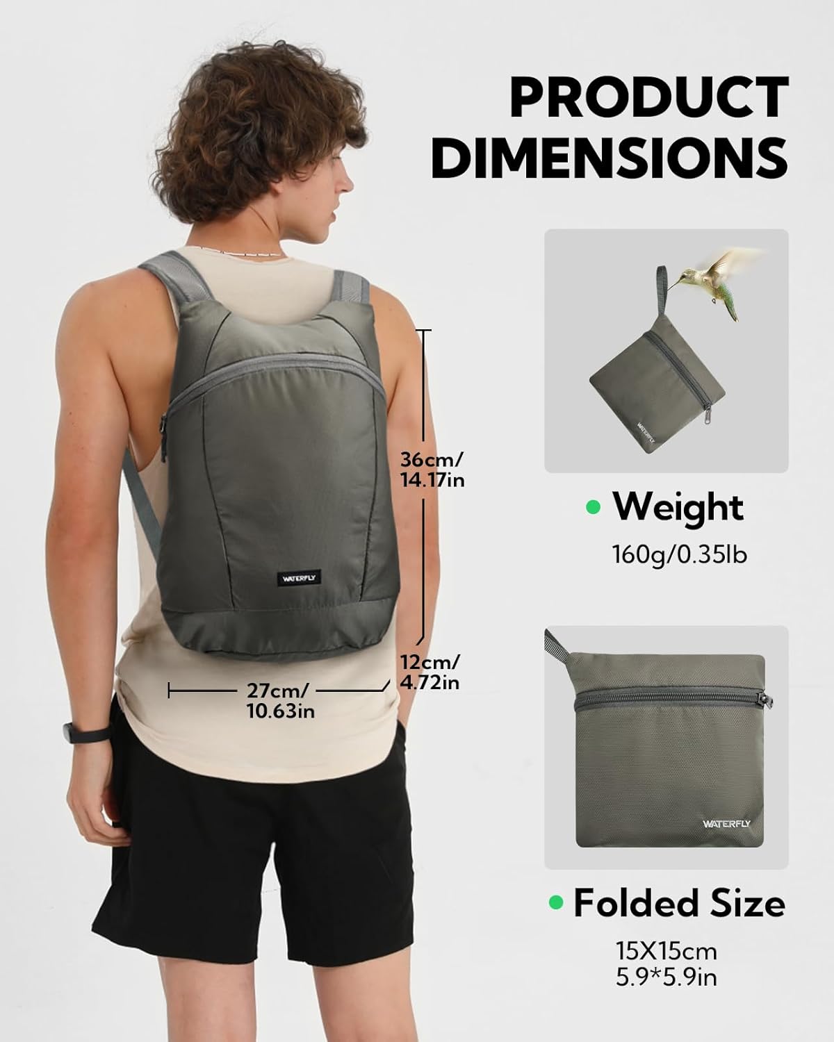 WATERFLY Foldable Lightweight Hiking Backpack: 15L Packable Traveling Daypack Men Women Ultralight Thin Casual Day Pack Bag for Outdoor Sports Camping Beach Park (Gray)