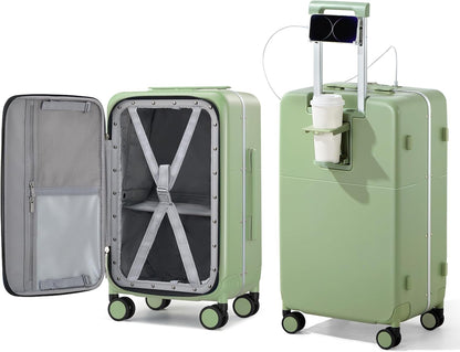 Hanke 20 Inch Carry On Luggage with Cup Holder and Charge,Top Opening Hard Shell Suitcases with Wheels and Dividers,Aluminum Frame Trunk Luggage Small Suitcase with Lock for Travel,Bamboo Green