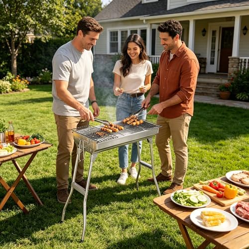 Portable Charcoal BBQ Grill, Foldable Smoker Tall Barbecue Grill Charcoal Outdoor Lightweight for Cooking Camping Hiking Picnics Tailgating Backpacking Garden Beach Party (27.5"L x 27.9"H)
