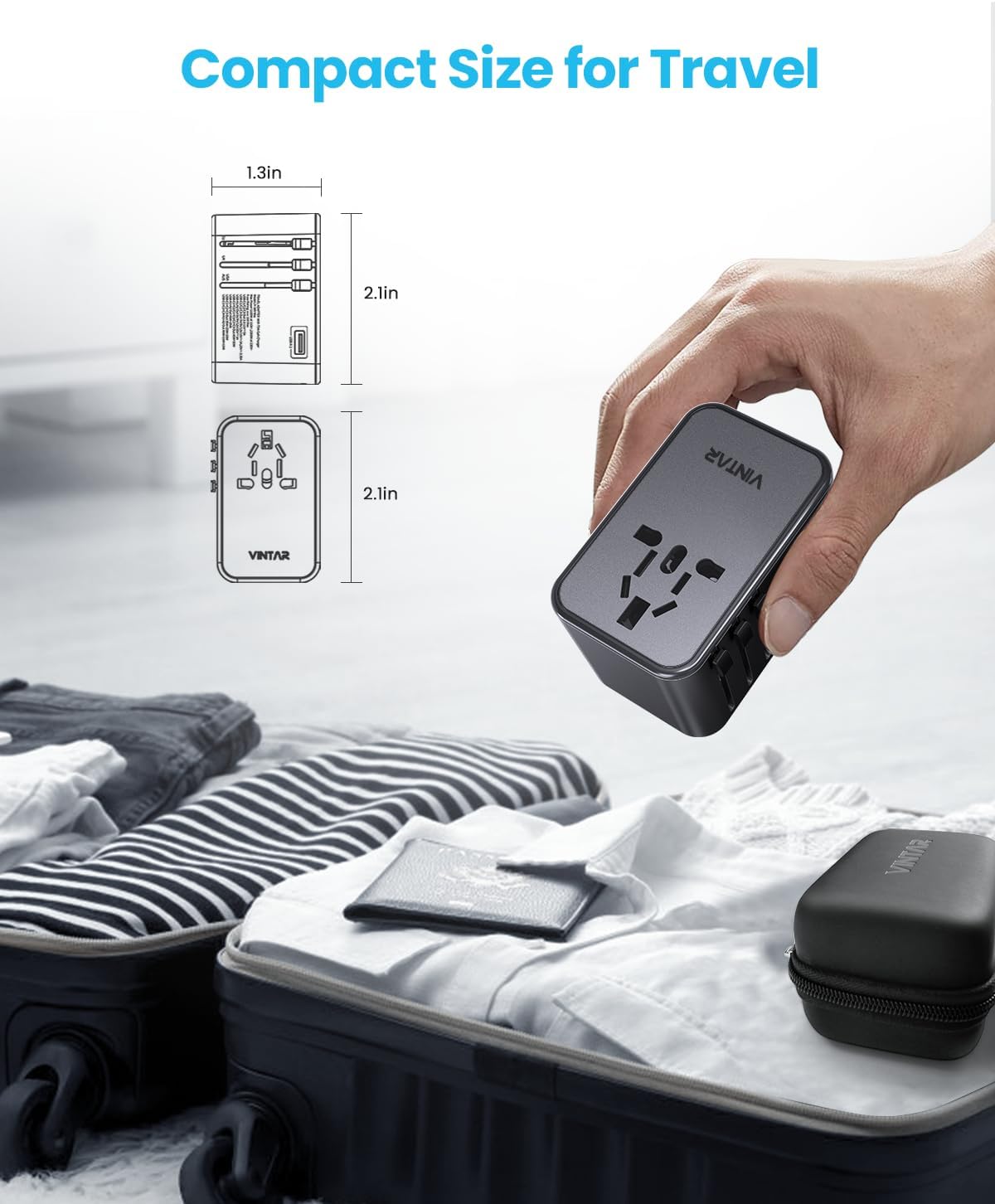 Universal Travel Adapter, VINTAR 75W GaN International Power Adapter with 3 USB C PD and 2 USB A QC, All in One Travel Essentials for UK/EU/USA/AUS, Travel Adapter Worldwide for Laptops Phones, Grey