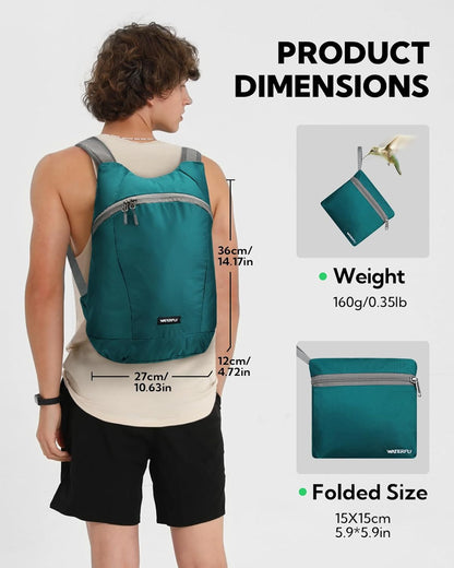 WATERFLY Foldable Lightweight Hiking Backpack: 15L Packable Traveling Daypack Men Women Ultralight Thin Casual Day Pack Bag for Outdoor Sports Camping Beach Park (Green)