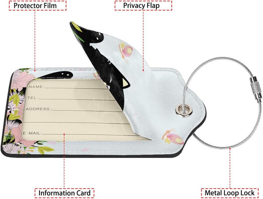 Smiling Black Cat Among Flowers 2 Pack Luggage Tag for Suitcase, Leather Bag Tags Identifiers Privacy Cover ID Label with Steel Loop for Women Men Kids Girls Travel