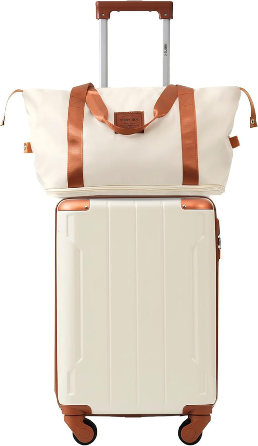 Merax Luggage Set 3 Piece Carry on Luggage, Lightweight Durable Spinner Suitcase with Corner Guards (White Brown, 20inch)