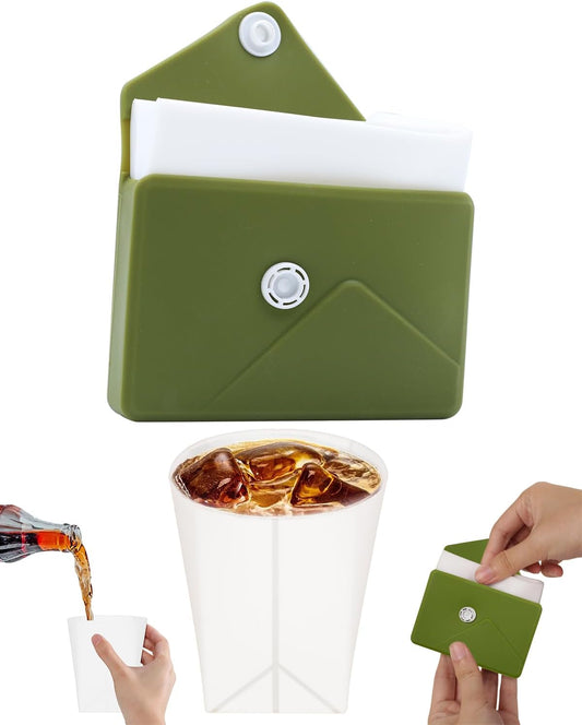 Collapsible Cup[2025 Upgraded] Silicone Foldable Water Cup, Collapse Water Bottles with Envelope-Shaped Storage Pouch, Portable Camping Cup for Outdoors, Travel, Camping(Olive Green)