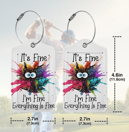 2 Pack Luggage Tags for suitcases Funny Cute I'm Fine It's Fine Luggage Tag, Leather Stainless Steel Loop Label Tag for Men Women Travel Bag Suitcase(White Fine)