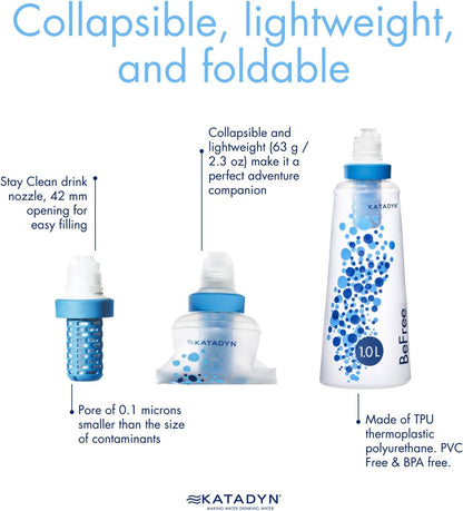 Katadyn BeFree 1.0L Ultralight Collapsible Water Filter Bottle for Hiking, Camping, Backpacking