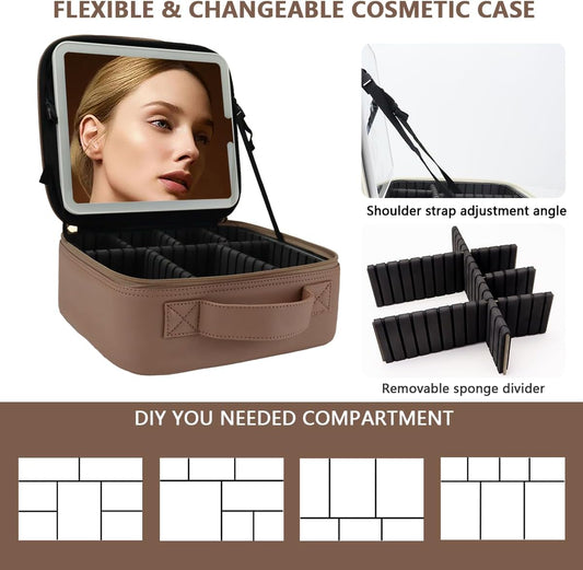 Travel Makeup Bag with LED Lighted Mirror, Travel Makeup Organizer,3 Color Setting Cosmetic Makeup Box, Adjustable Dividers and Brush Holder（Mocha）