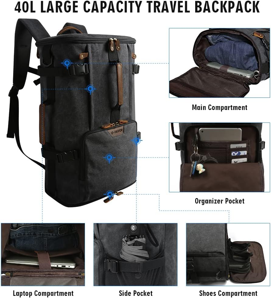 G-FAVOR Travel Backpack for Men, 40L Flight Approved Carry On Backpack, Water Resistant Canvas Weekender with 17.3" Laptop Sleeve, Convertible Duffel Bag for Airplane, Business & Travel