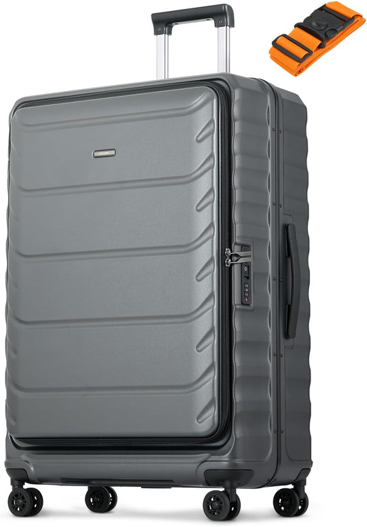 Checked Luggage, 28 Inch Luggage with Spinner Wheels, Large Suitcase with Lightweight PC Hard Shell, Aluminum Frame, Top Opening, YKK Zipper, TSA Lock (Grey, 1PC)