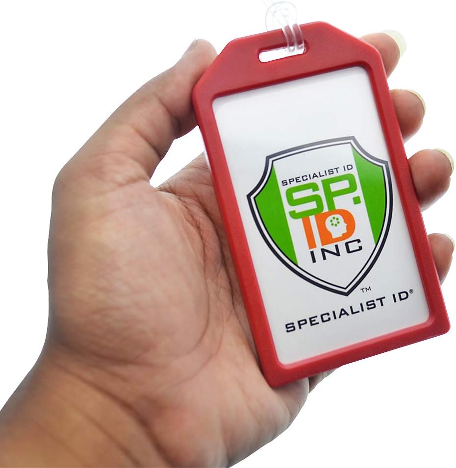 5 Pack - Premium Rigid Airline Luggage Tag Holders with 6" Worm Loops - Heavy Duty Hard Plastic -Suitcase ID Tag Identifiers with Business Card Insert Window by Specialist ID (Red)