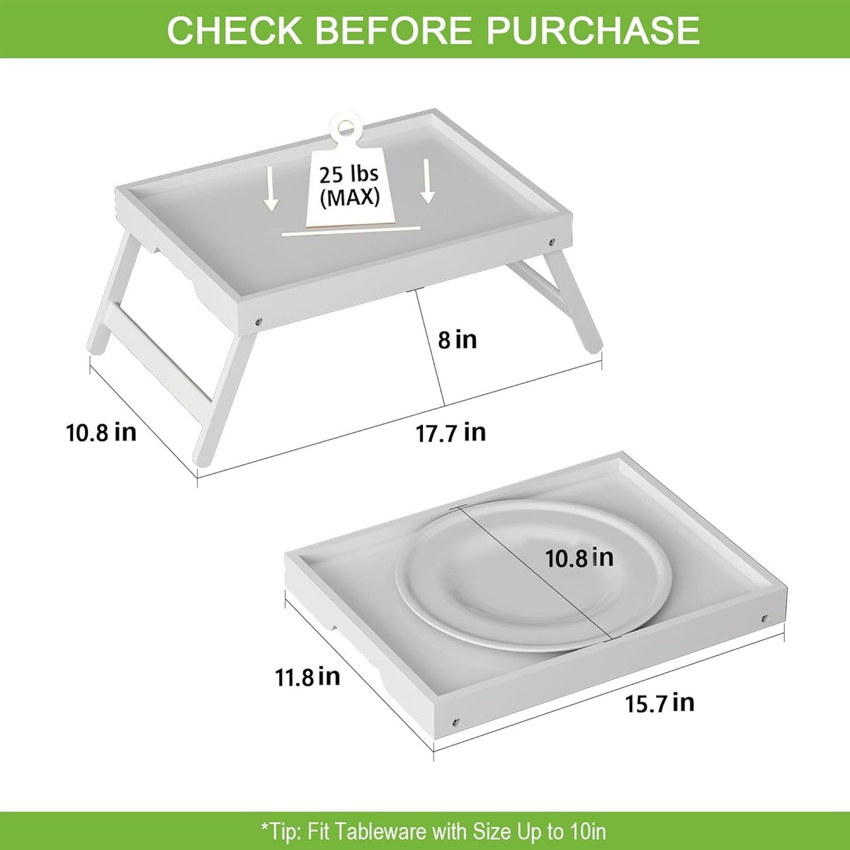 Bed Tray Table with Folding Legs, Bamboo Breakfast in Bed for Kitchen Serving Tray, Sofa, Eating, Used As Laptop Desk Snack Tray (4 Pack, White Color)
