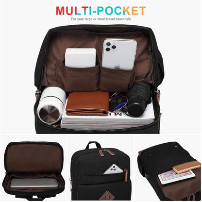 Canvas Backpack for Men Women, Vintage Rucksack Fits Most 15.6 Inch Laptop, Bookbag with USB Charging Port, Black
