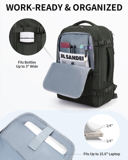 ECOHUB 30L Carry on Travel Backpack for Men Women 18x14x8, 17 inch Expandable Airlines Personal Item Bag Water Resistant Laptop Backpack Flight Approved with USB Slot & Wet Pocket, Green