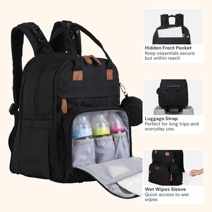 BabbleRoo Extra Large Diaper Bag Backpack, Expandable Baby Bag with Up to 50% More Capacity - Travel Essentials Baby Bag Tote with Changing Pad, Stroller Straps & Pacifier Case - Unisex, Black
