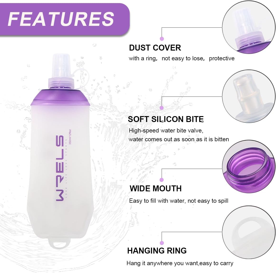 200ml/350ml/500ml Collapsible Soft Flask,BPA Free Folding Soft Water Bottle with Hanging Ring,Lightweight TPU Hydration Flask for Running Marathon Cycling Hiking(350ml-2 Packs)