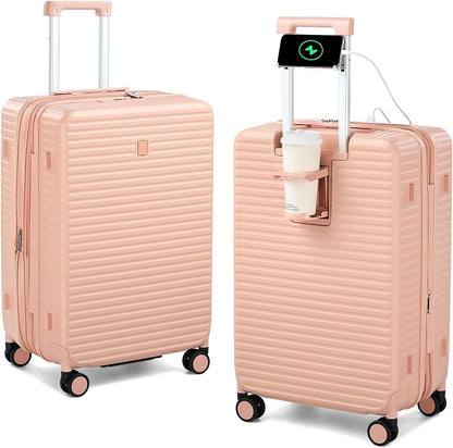 24 Inch Check in Luggage with Spinner Wheels, Hard Shell Suitcases Travel Expandable Luggage with Cup Holder Charger Built in, Checked Medium Suitcase Lightweight Suitcases, Pink