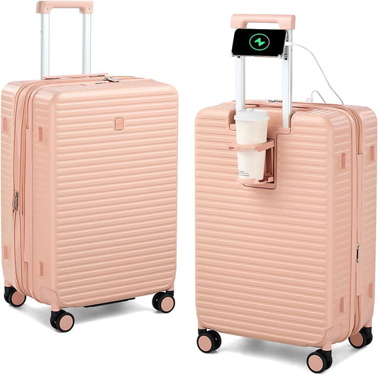 24 Inch Check in Luggage with Spinner Wheels, Hard Shell Suitcases Travel Expandable Luggage with Cup Holder Charger Built in, Checked Medium Suitcase Lightweight Suitcases, Pink