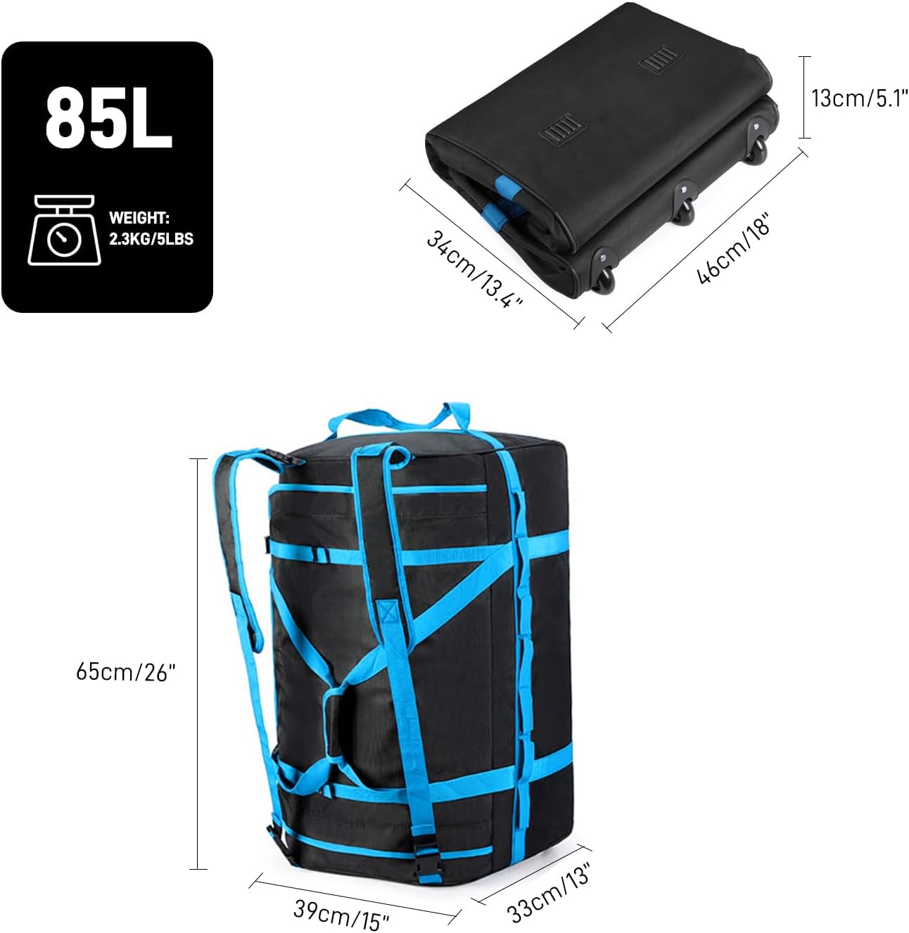 Foldable Rolling Duffle Bag with Wheels, 85L Extra Large Wheeled Travel Duffel, Waterproof Collapsible Weekender Luggage with Rollers for Storage Camping Sports Outdoor, Blue