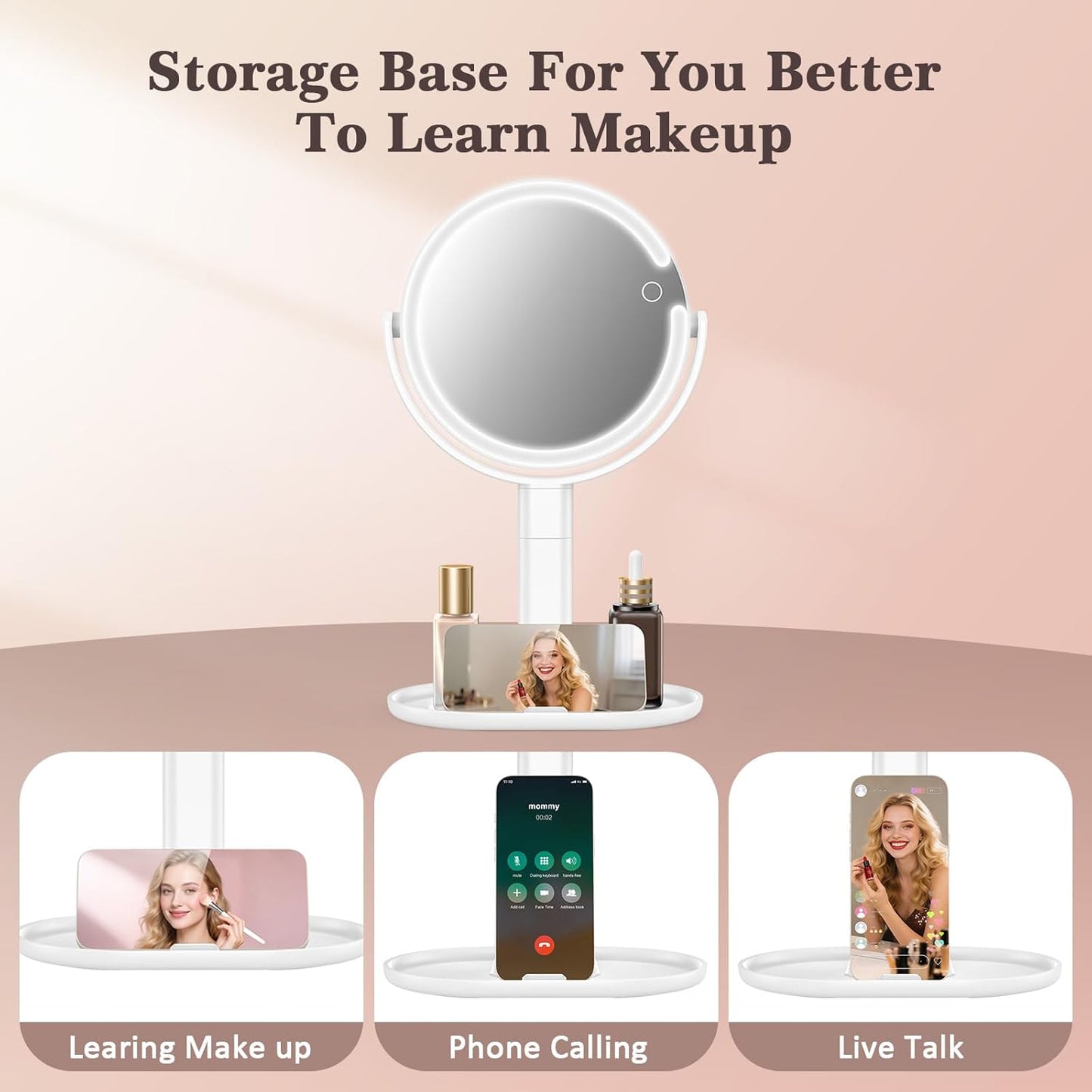 15X/1X Lighted Magnifying Mirror, 4000mAh Rechargeable Makeup Mirror with 3 Level LED Light, 360° Rotation 2 Sided Vanity Desk Mirror, Dimmable Adjustable Height Table Makeup Mirror Phone Stand