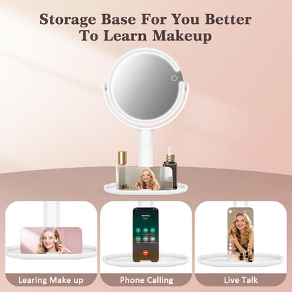 15X/1X Lighted Magnifying Mirror, 4000mAh Rechargeable Makeup Mirror with 3 Level LED Light, 360° Rotation 2 Sided Vanity Desk Mirror, Dimmable Adjustable Height Table Makeup Mirror Phone Stand