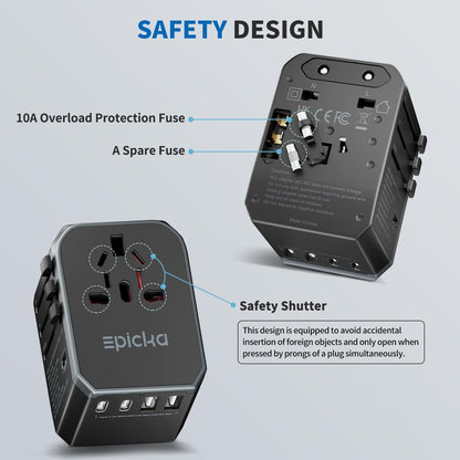 EPICKA Universal Travel Adapter, International Power Adapter with 2 USB-A & 3 USB-C Ports Wall Charger - Worldwide Travel Essentials, European Travel Plug Adapter for UK/US/AU (TA-105C, Black)