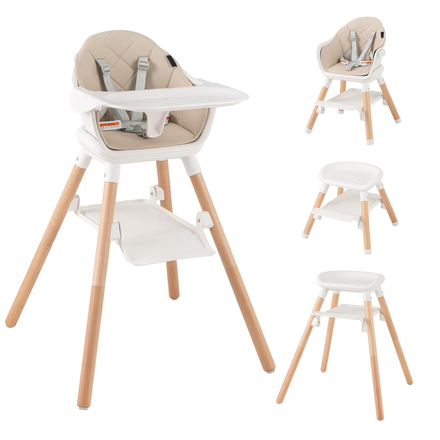HONEY JOY Baby High Chair, 6 in 1 Convertible Wooden Highchair for Babies and Toddlers/Chair/Bar Stool, Removable Double Tray & Reversible Footrest, Safety Harness for Infant Boys Girls (Beige)