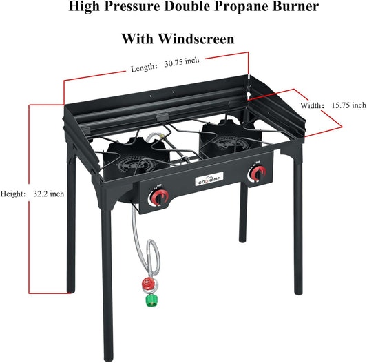 High Pressure Double Propane Burner With Windscreen Outdoor Camping Stove with 0-20 PSI Adjustable Regulator and Steel Braided Hose SA2510 (Two Burner Stove With Windscreen)