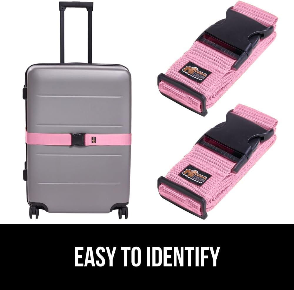 GORILLA GRIP Heavy Duty Adjustable Luggage Straps for Suitcases, Easy to Identify Travel Belt Connector Holds Suitcase Together, Extends Life of Bag, Strap Connects Two Bags, Accessories 2 Pack Pink