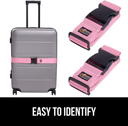 GORILLA GRIP Heavy Duty Adjustable Luggage Straps for Suitcases, Easy to Identify Travel Belt Connector Holds Suitcase Together, Extends Life of Bag, Strap Connects Two Bags, Accessories 2 Pack Pink