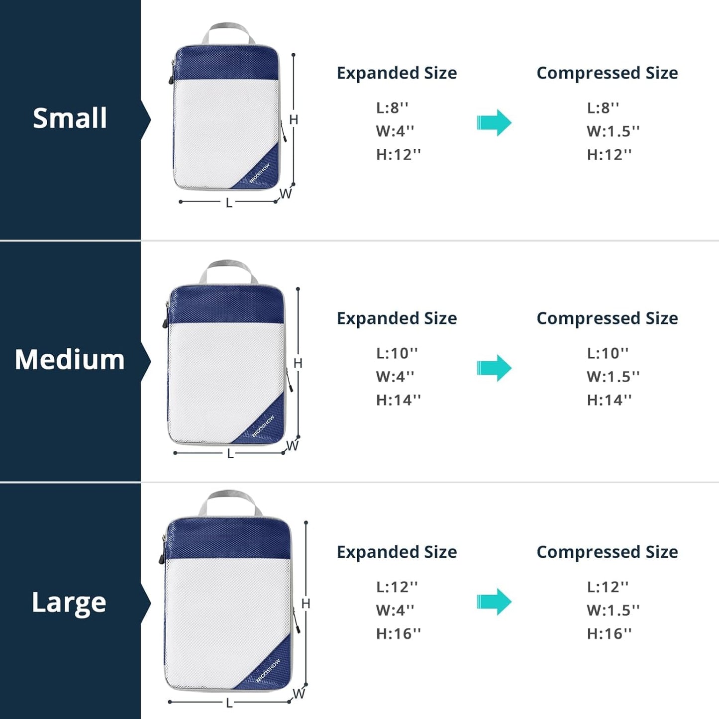 3 Set Compression Packing Cubes for Travel - Compressible, Lightweight, and Space-Saving Packing Cubes, Travel Essentials for Women, Navy