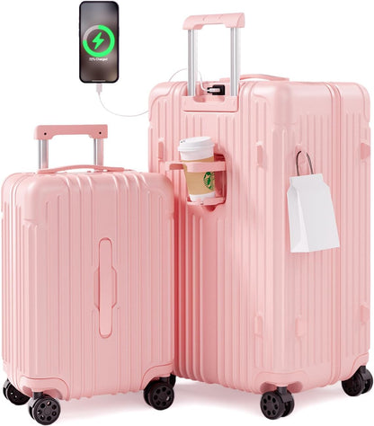 Krute Luggage Sets 2 Piece Suitcase with Spinner Wheels PC+ABS Hardside Suitcases Charging Port TSA Lock Carry On Luggage with Cup Holder 20+28 Inch