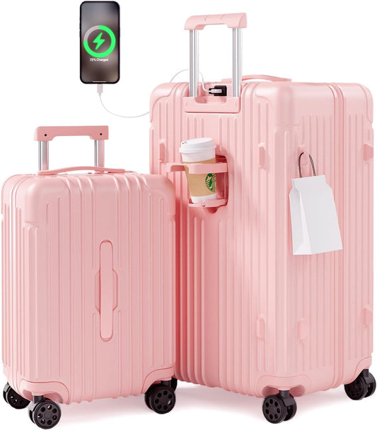 Krute Luggage Sets 2 Piece Suitcase with Spinner Wheels PC+ABS Hardside Suitcases Charging Port TSA Lock Carry On Luggage with Cup Holder 20+28 Inch