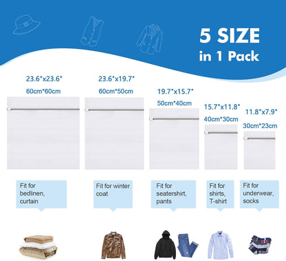 5Pcs Laundry Bags Mesh Wash Bags, Delicate Laundry Bags for Clothes, Hosiery, Underwear, Bed linen - 5 Size