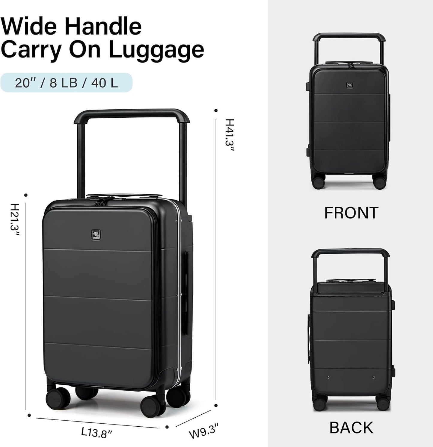 Hanke Top Opening Carry On Luggage, 20 Inch Zipperless Aluminum Frame Wide Handle Luggage, All-PC Hard Shell Trunk Suitcase with Spinner Wheels, TSA Airline Approved (Jet Black, 40L)