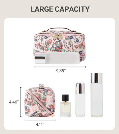 Aveniee Travel Makeup Bag for Women, Large Cosmetic Organizer with Open-Flat Design, Clear Divider & Handle - Waterproof PU Leather Toiletry Case (Floral Pattern)