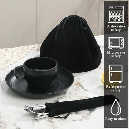 Camping Essentials Set, HOMQUEN Camping Plates and Bowls Set, Coffee Mug, Travel Cutlery Set Include Spoon, Fork, Knife for Work, Outdoor,Picnic, Camp （Black）