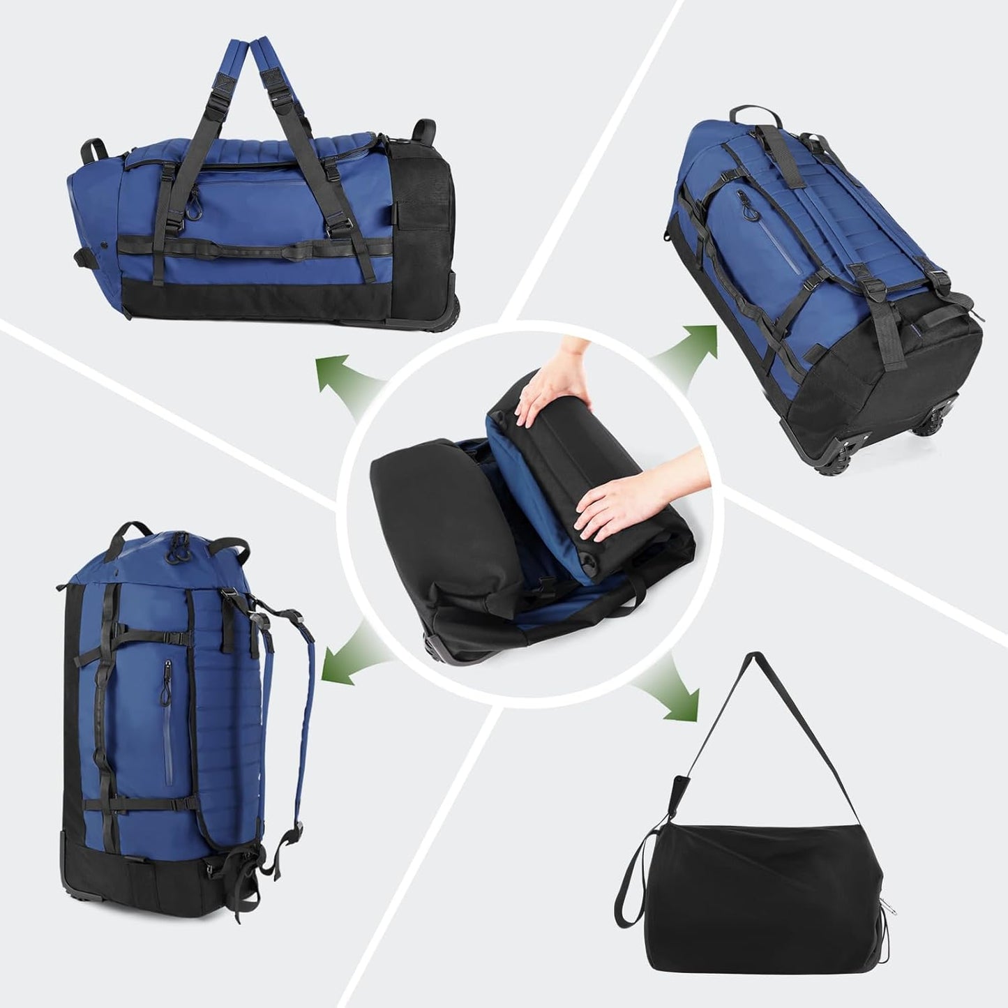 Vomgomfom 86L Collapsible Wheeled Luggage with Removable Backpack Straps,Waterproof Rolling Duffle Bag with Quilted Base,No Telescope Handle,Navy