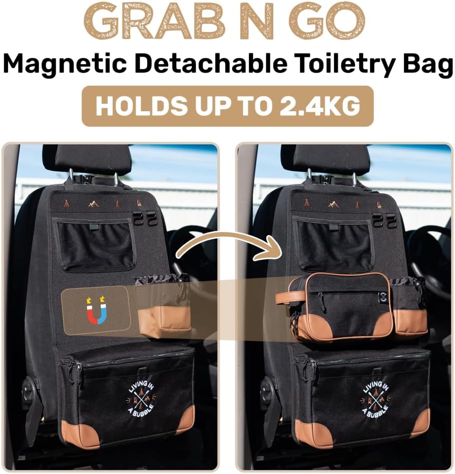 Living in a Bubble Seat back Organizer – Magnetic Toiletry and Cooler Pouch, Cordura Car Backseat Storage with Device Holder & Hooks, Multi-Compartment Utility Bag for Campervans & Family Travel