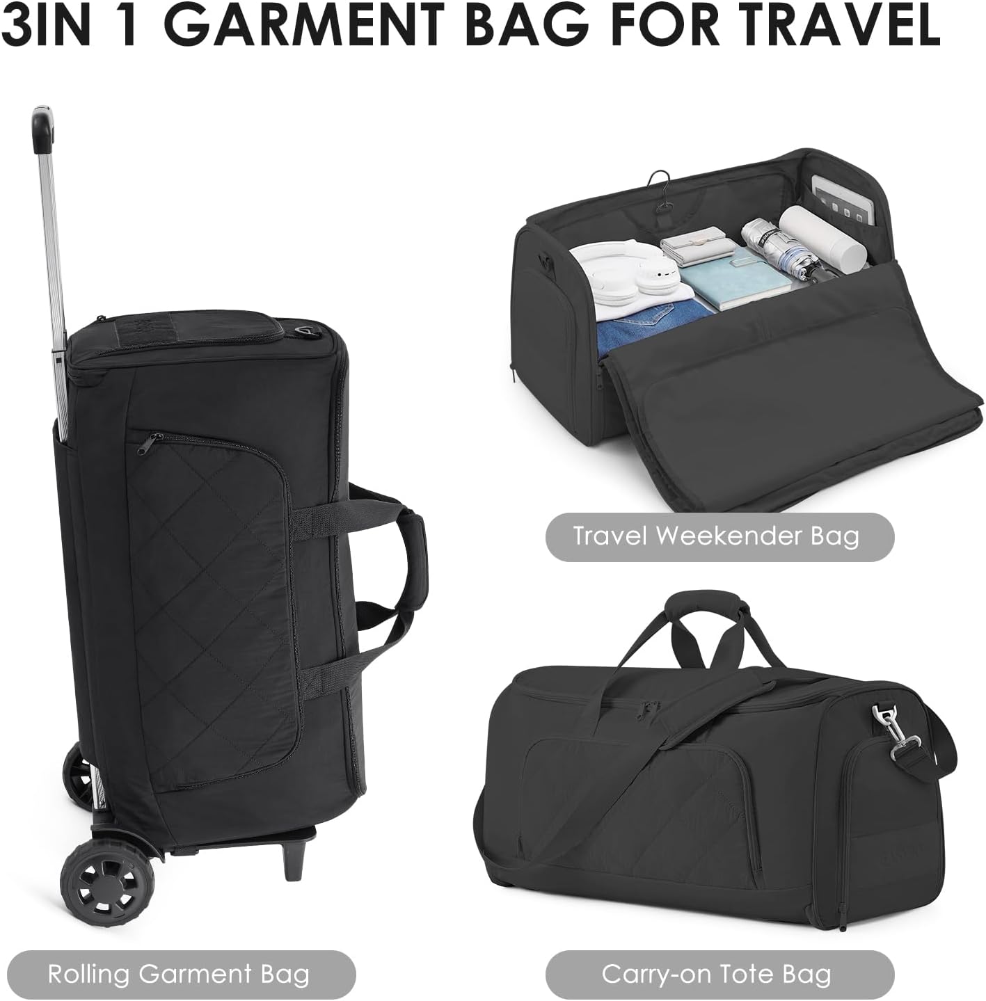 Rolling Garment Bag for Travel,Duffle Garment Bag with Wheels and Shoe Compartment for Men and Women,3 in 1 Suit Dress Bags with Wheels（Black）